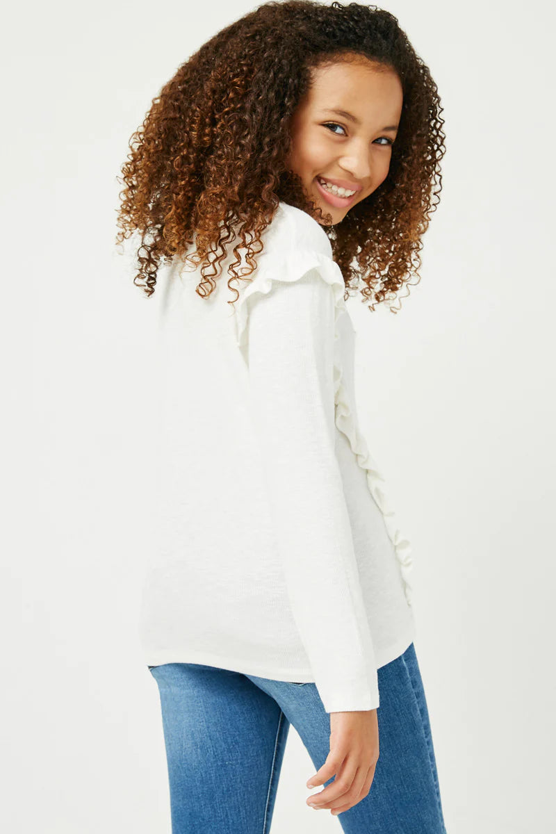 Girls Ruffled Drop Shoulder Marled Ribbed Knit Top