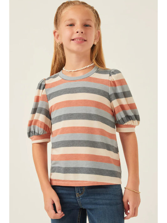 Girls Stripe Terry Puff Sleeve Tee